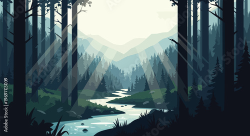 Serene Forest Landscape with Winding River and Sunbeams