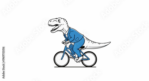Cartoon dinosaur in a suit rides a bicycle on a white background