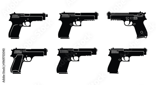 Six black silhouette pistols displayed in a grid arrangement