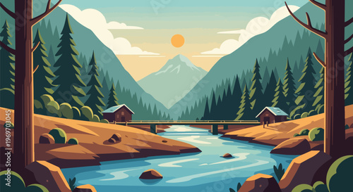 Flat Vector Illustration of a Scenic Mountain River Valley with Cabins and Bridge at Sunrise