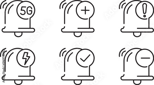 Notification Bell Icon Set. Black Line UI Symbols with Alert, Unread Mute Check Status Indicators for Mobile Apps Web Interface Design Pack