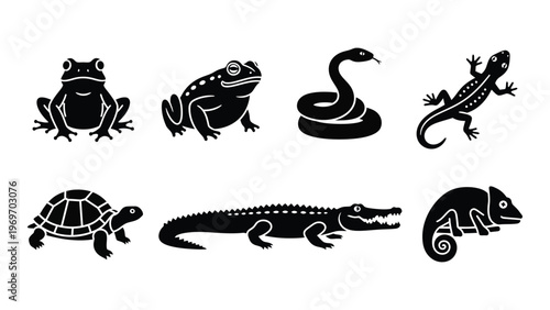 A collection of various reptile and amphibian silhouettes including a frog snake lizard turtle crocodile and chameleon silhouette high quality professional