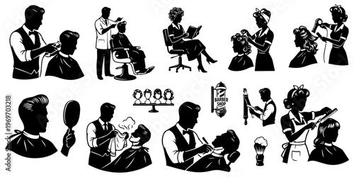Barbershop and hair salon silhouettes set. Vector collection of retro barbers cutting hair, shaving with straight razor, and vintage styling icons isolated