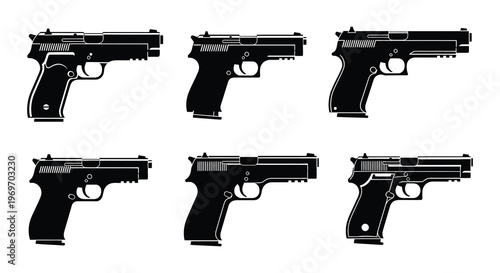 Six black silhouette pistols displayed in a grid arrangement