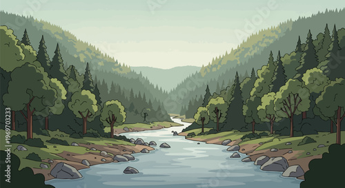 Pixel Art Landscape Featuring A Serene River Flowing Through A Lush Pine Forest Valley