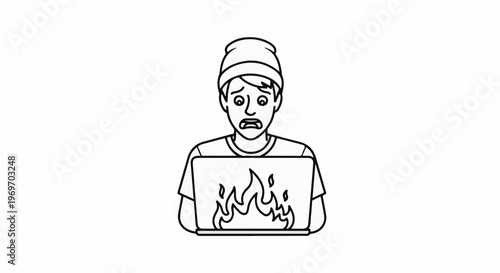 Cartoon figure in beanie stares in horror at laptop screen ablaze