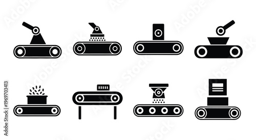 Industrial conveyor belt icons depicting various stages of material handling