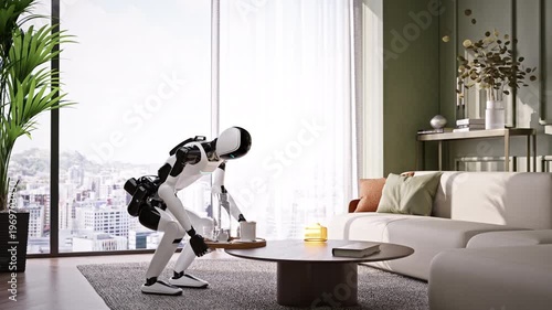 Wallpaper Mural AI-powered humanoid robot cleans an apartment, picking up dirty dishes in a modern living room. Advanced household and housekeeping automation. Future smart home technology. 3d animation rendering Torontodigital.ca