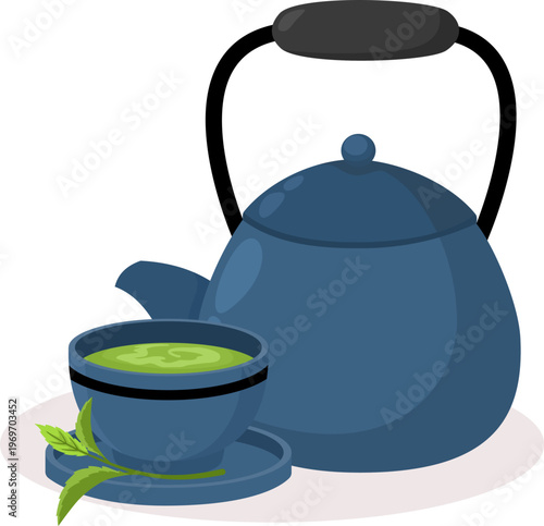 Green Tea Teapot and Cup Set Traditional Herbal Drink Illustration