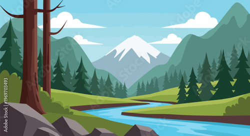 Flat Vector Illustration of a Scenic Mountain Landscape with a River and Pine Forest