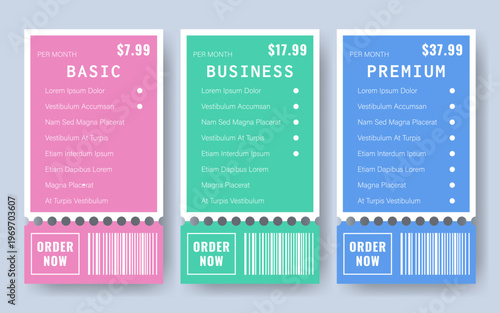 Set of three colorful pricing table tickets for subscription plans, coupons or web vouchers. Vector illustration for website subscription pages, marketing promotions, discount vouchers.