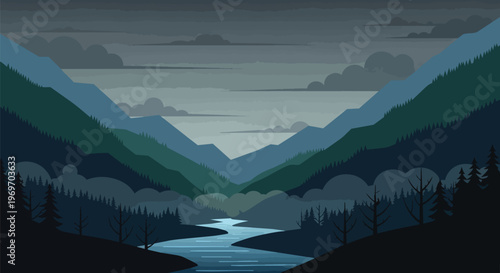 Minimalist vector landscape illustration with mountains and river at twilight