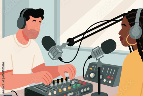 Podcast recording with microphones, headphones, and mixing console, stylized vector illustration of audio production.