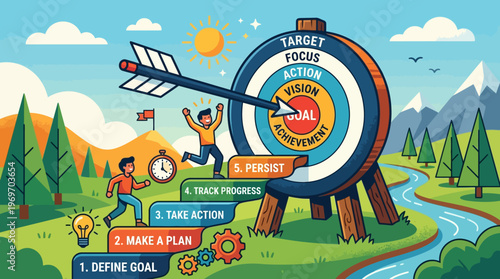 Business goal setting concept with a man hitting target on white background