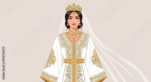 Elegant Bride in Traditional Moroccan Kaftan and Crown