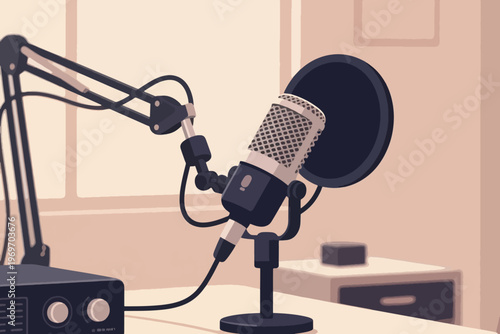 Professional podcast setup with condenser microphone, boom arm, and pop filter, stylized vector illustration of audio recording.