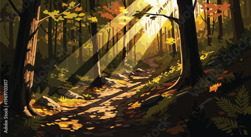 Sunlight rays streaming through autumn forest trees on a peaceful woodland path