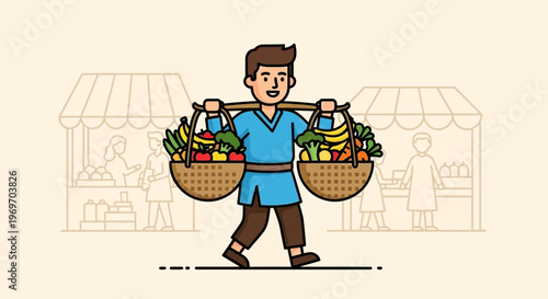 Man carrying baskets of fresh fruits and vegetables at a market