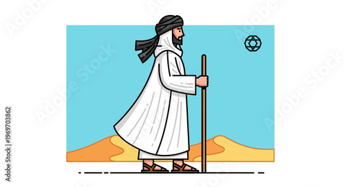 Man in desert with staff under sun, walking through sand dunes
