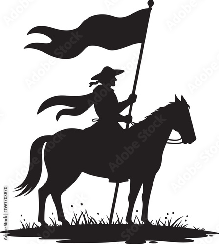 Valiant medieval knight riding a horse carrying a proud flowing flag in a historic silhouette