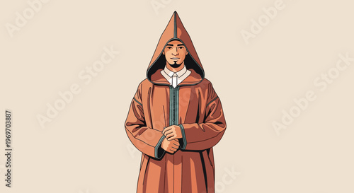 Man in hooded robe with pointed hood, standing with hands clasped