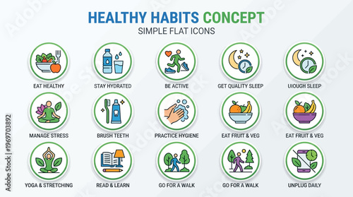 Healthy habits concept icons for wellness and lifestyle on white background