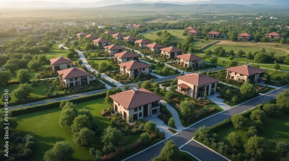 Fototapeta premium Aerial view of a modern residential neighborhood with uniform houses, lush green lawns, and winding roads under a soft morning light.