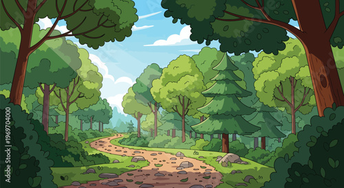 Cartoon Forest Path Winding Through Lush Green Trees and Sunny Woodland Landscape