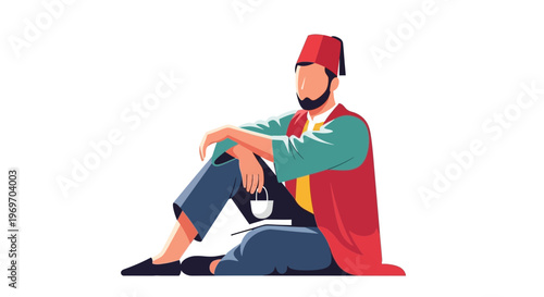 Man in Traditional Turkish Clothing with Fez Hat Sitting and Drinking Coffee