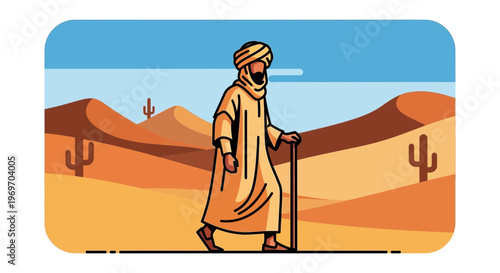 Man walking in desert with walking stick, sand dunes, cacti, blue sky