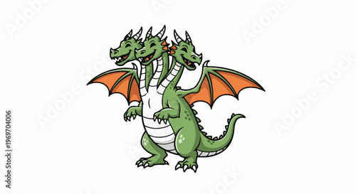 Cartoon illustration of a three-headed green dragon with orange wings spread