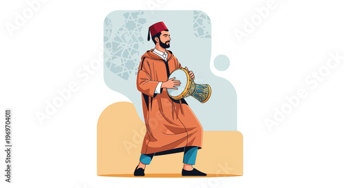 Man playing darbuka drum in traditional Moroccan clothing