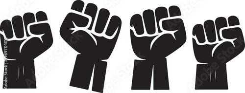 Powerful raised black fist silhouettes symbolizing collective strength and social justice for equality