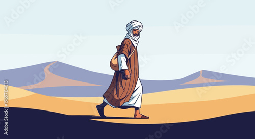 Man walking in desert dunes, carrying a bag