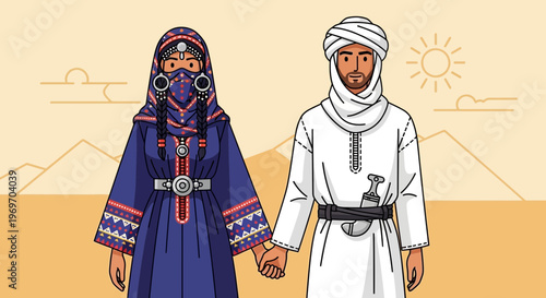 Middle Eastern Couple in Traditional Attire Holding Hands in Desert Landscape