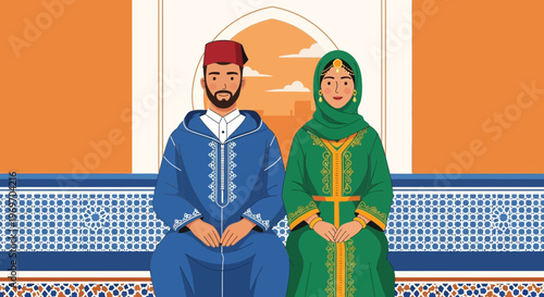 Moroccan couple in traditional djellaba and kaftan, cultural illustration