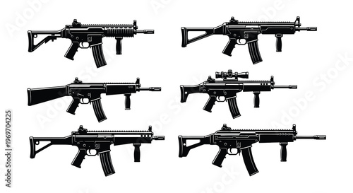 Assortment of black silhouette automatic weapons and firearms displayed together
