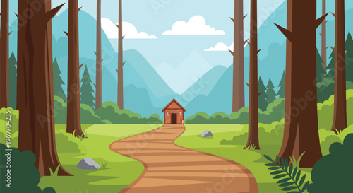 Small Wooden Cabin in a Scenic Forest Landscape with Winding Path