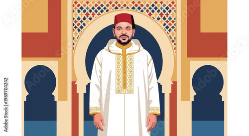 Moroccan King Mohammed VI in traditional Djellaba and Fez hat, standing before ornate Moroccan architecture.