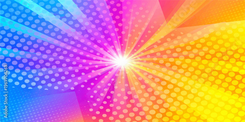 An abstract colorful vector background features a bright digital pattern of glowing disco lights, rainbow rays, and blue stars for a festive party wallpaper design