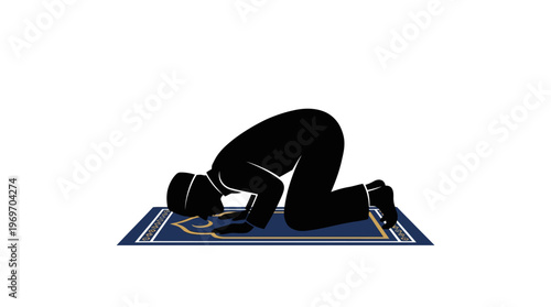 Man in prostration position on a prayer mat on white background