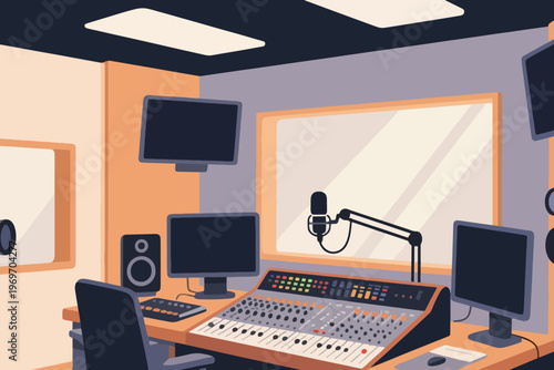 Professional recording studio with mixing console, monitors, and microphone, stylized vector illustration of audio production.