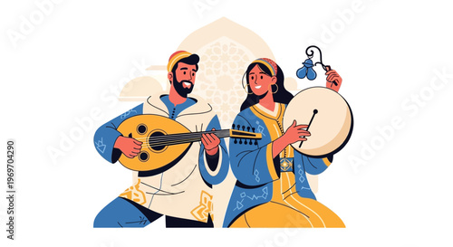 Moroccan musicians playing traditional instruments in colorful attire