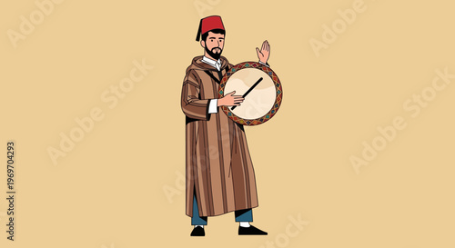Moroccan man in traditional djellaba and fez playing a drum