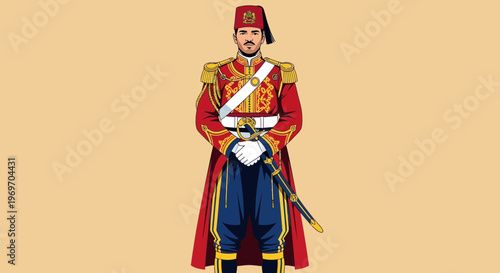 Victorian Era Soldier in Red Uniform with Fez Hat and Sword