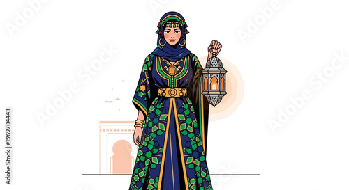Woman in traditional dress holding a lantern, Ramadan celebration