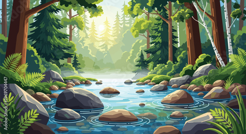 Serene Forest River Landscape with Sunlit Trees and Rocks