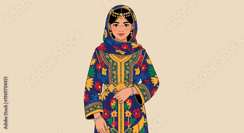 Woman in Traditional Embroidered Dress and Hijab