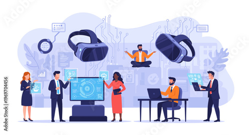 A confident businesswoman presents a digital rendering of a laboratory setup, showcasing innovation and a forward-thinking approach. Suitable for arti