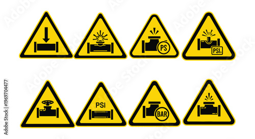 Set of yellow warning signs depicting various industrial hazards and safety